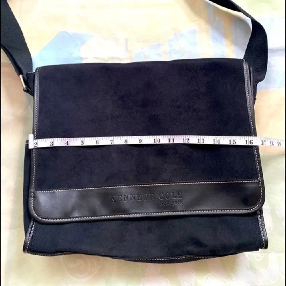 Kenneth Cole New York Messenger Shoulder Bag Black Faux Suede Adjustable…